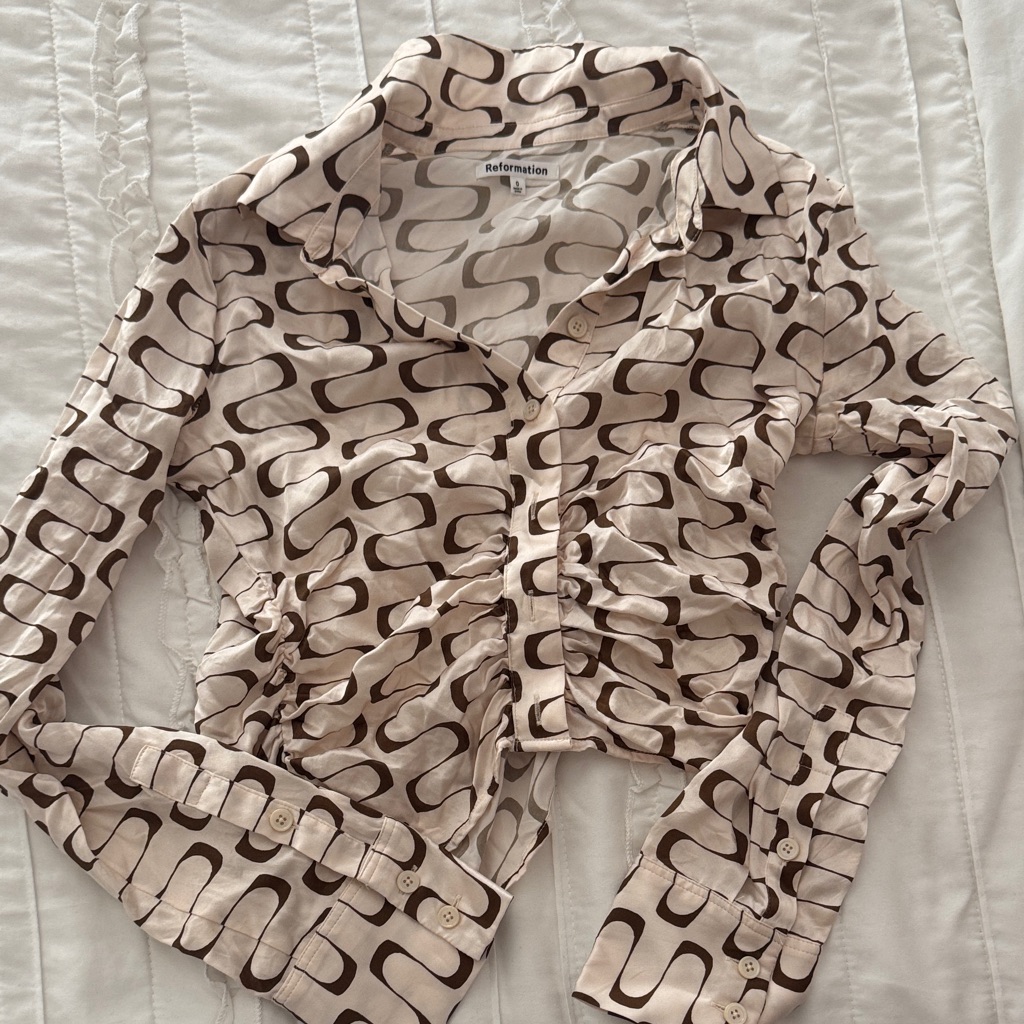 Reformation Kendall Silk Blouse: Cream And Brown Geometric Shirt